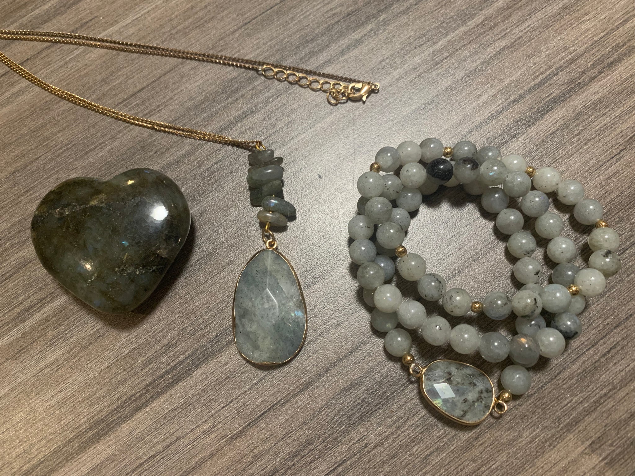 Labradorite Necklace, Heart and Bracelets